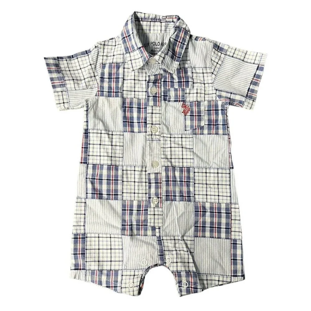 U.S. Polo Assn. 6-9m Patriotic Madras Plaid Romper & Hat